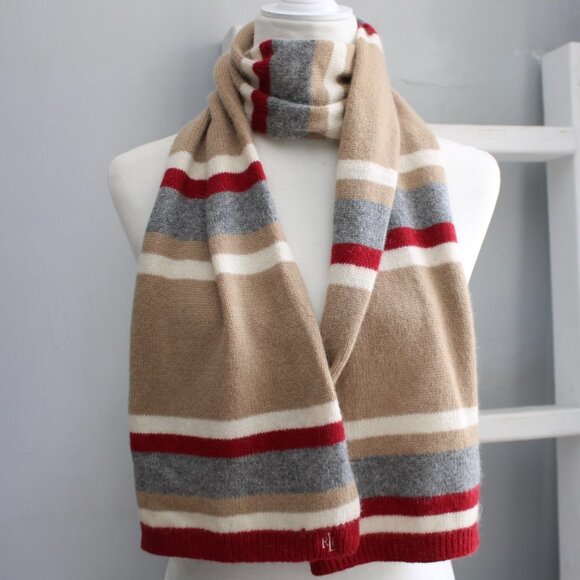 Ralph Lauren Wool Angora Knit Striped Scarf with Red and Tan Multicolor Accents - Picture 1 of 5